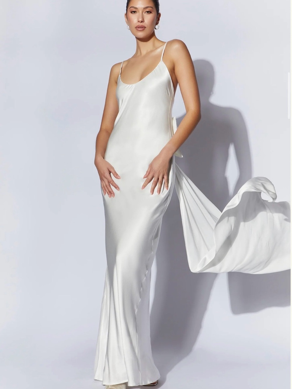 Meshki Kailey White Satin Slip Dress with Spaghetti Straps